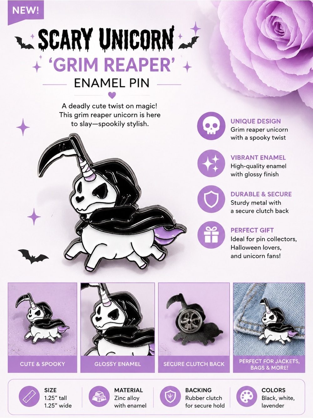 Grim Reaper Scary Unicorn Enamel Pin - Black White Lavender